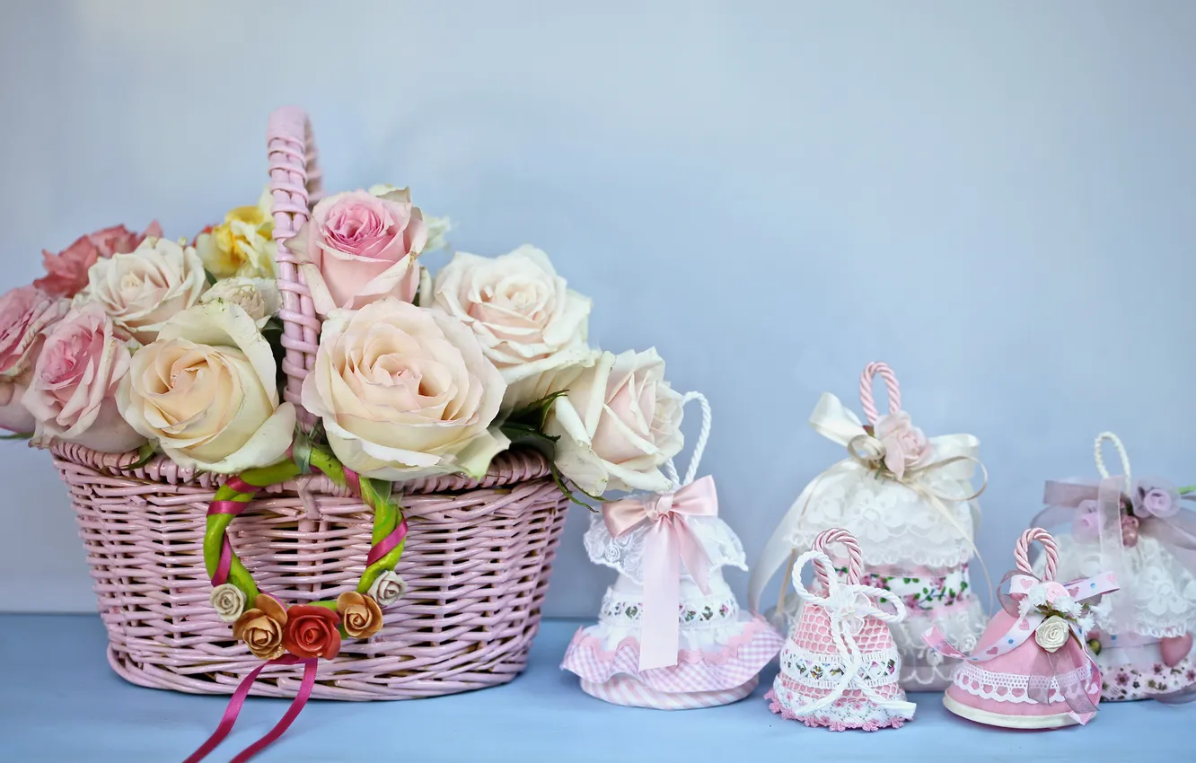Photo wallpaper roses, bells, basket, © Elena Di Guardo