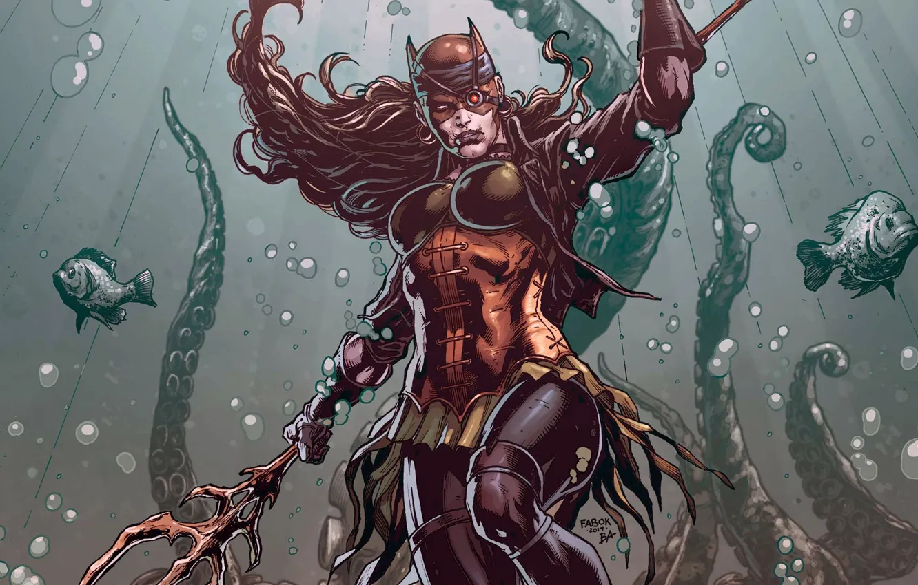 Photo wallpaper fantasy, underwater, fish, artwork, mask, Comics, fantasy art, DC Comics