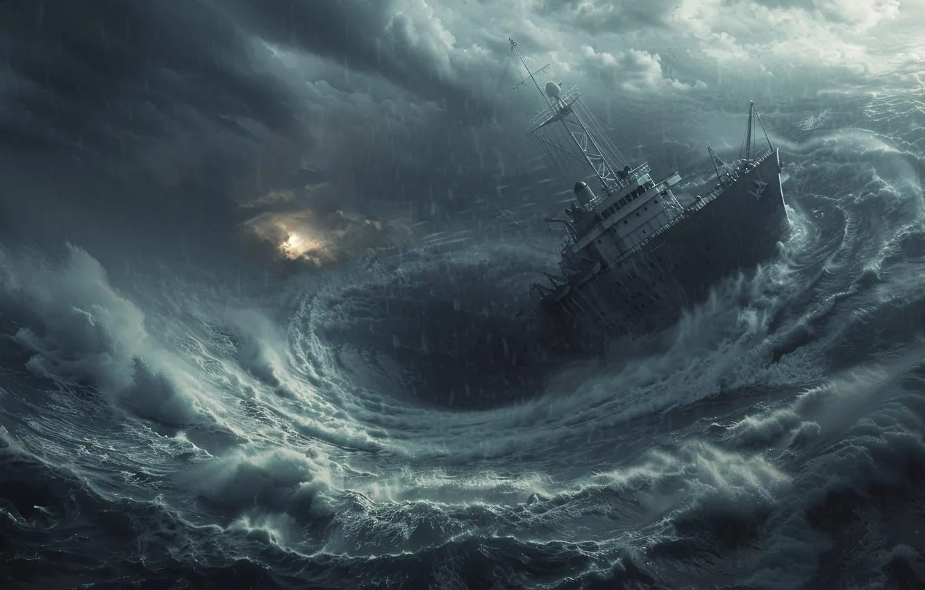 Photo wallpaper sea, water, clouds, clouds, ship, whirlpool, hurricane, AI art