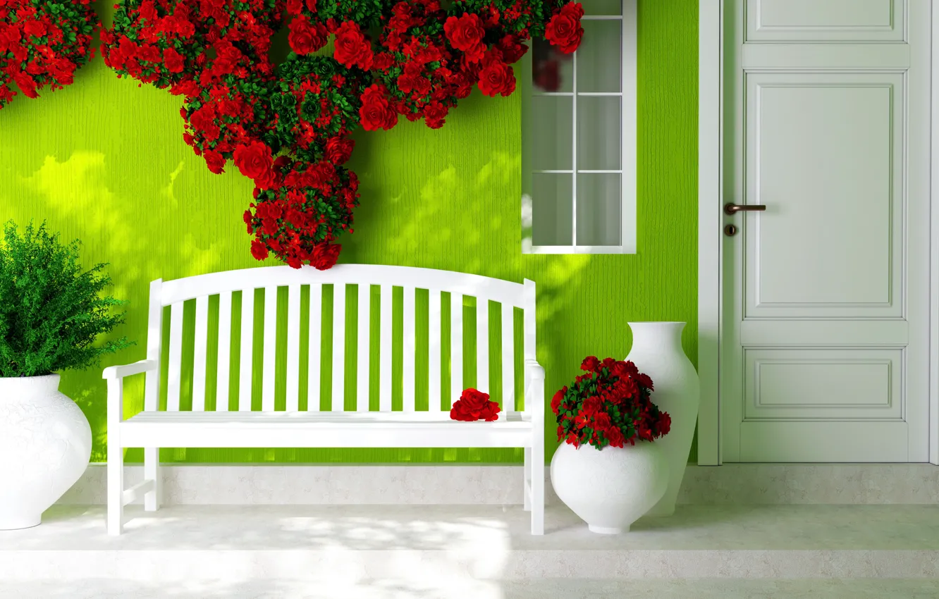 Photo wallpaper flowers, the door, window, shop, vases, red roses