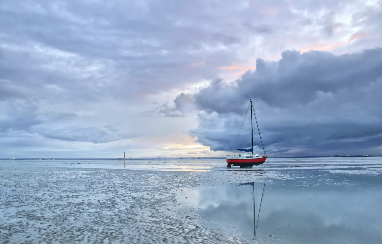 Photo wallpaper landscape, boat, stranded, England, Thorpe Bay, Southend-on-Sea