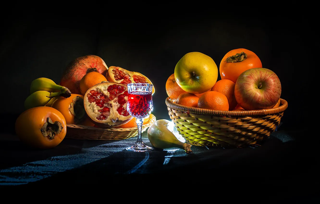 Photo wallpaper apples, glass, backlight, fruit, bananas, drink, fruit, basket