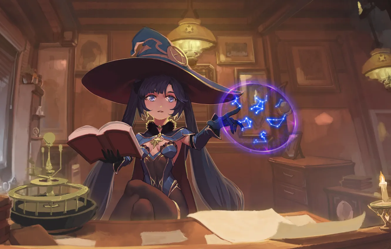 Photo wallpaper witch, constellation, Mona, conjures, Genshin Impact, by Ni Lu