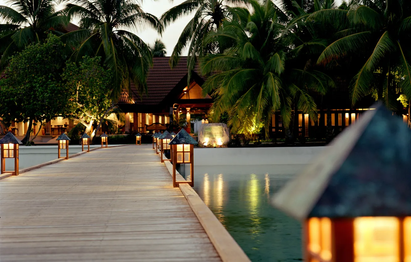 Photo wallpaper ocean, Maldives, palms, resort, jetty at sunset