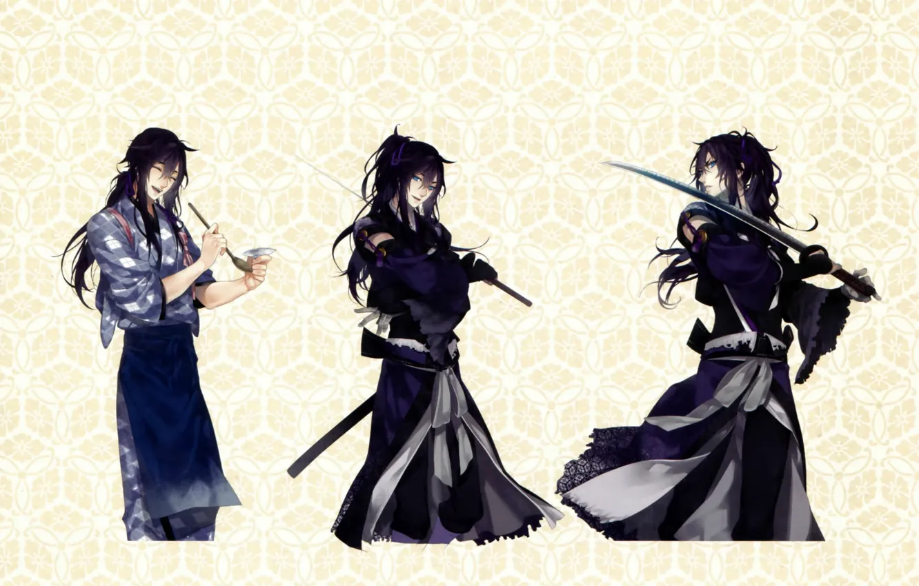 Photo wallpaper smile, pattern, katana, spoon, kimono, swordsman, visual novel, Tsuzuramaru