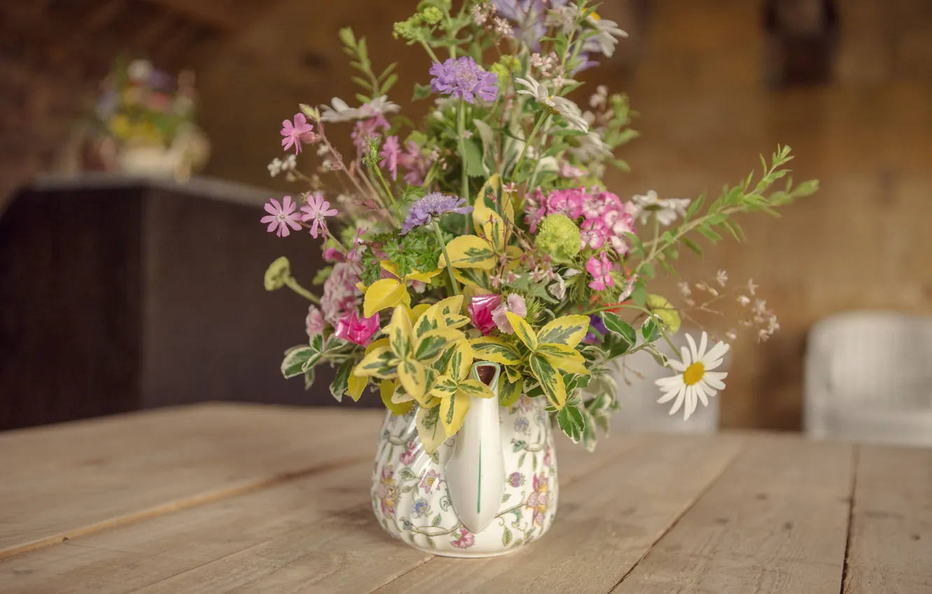 Photo wallpaper flowers, vase, bouquet, table, kettle