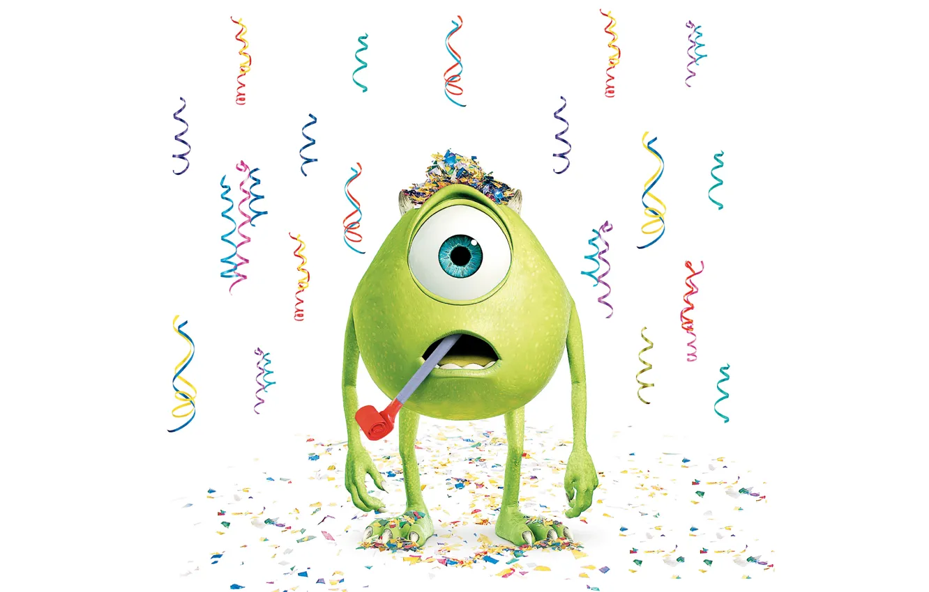 Photo wallpaper green, holiday, white background, confetti, one-eyed, Inc., Monsters Inc., Monsters