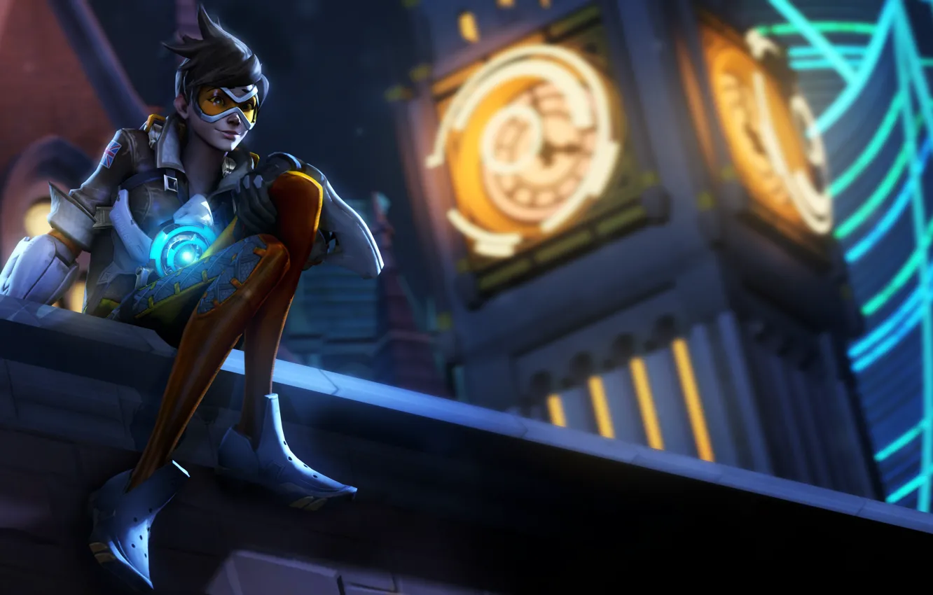 Photo wallpaper roof, girl, night, rendering, Overwatch, Tracer, Lena Oxton