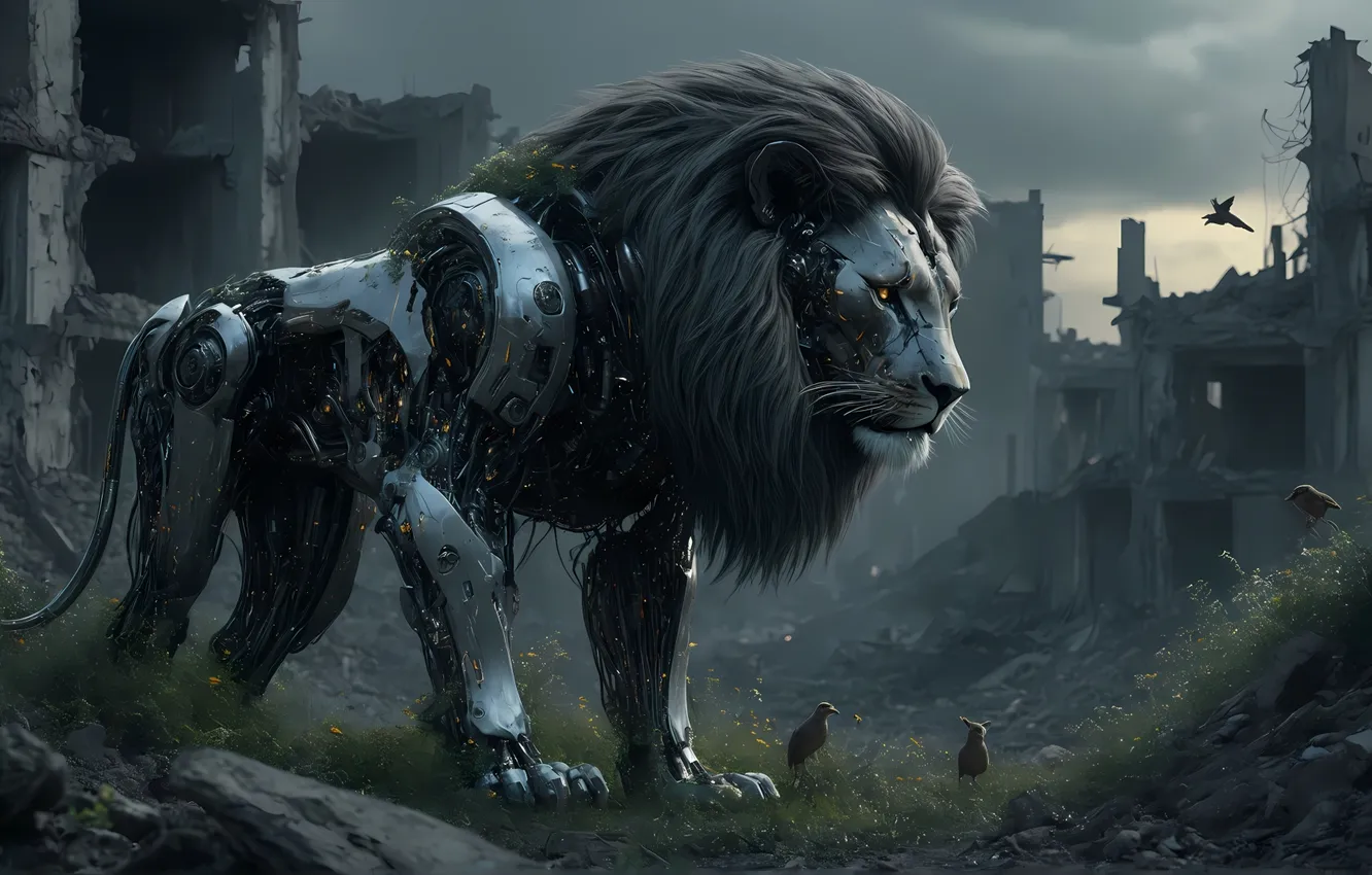 Photo wallpaper the city, mechanism, robot, Leo, mane, ruins, twilight