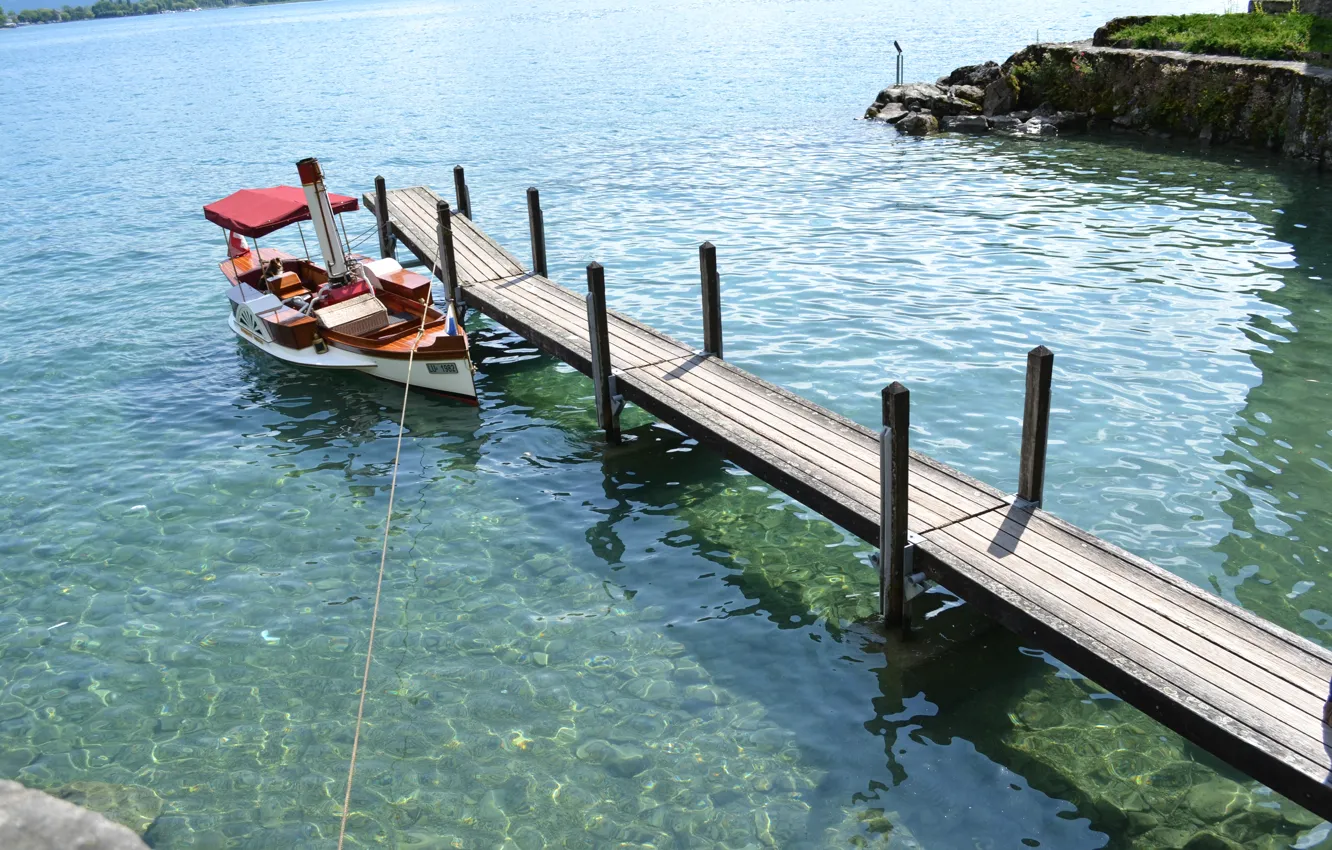 Photo wallpaper boat, Switzerland, Alps, Lake Geneva, Montreux, Montreux, Леман Lake Geneva