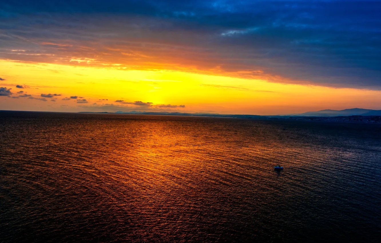 Photo wallpaper sea, the sky, clouds, sunset, coast, boat, the evening, horizon