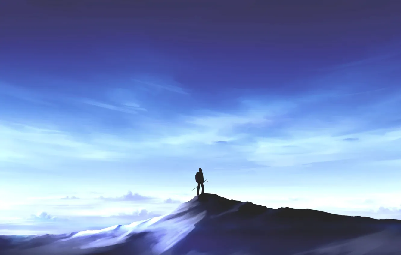 Photo wallpaper the sky, snow, mountains, top, male
