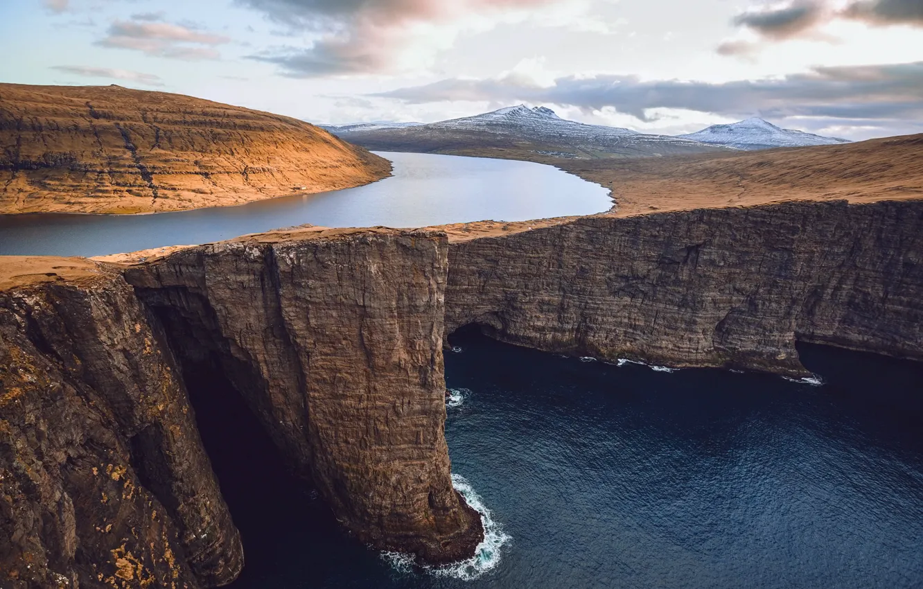 Photo wallpaper sea, the sky, clouds, mountains, river, the ocean, rocks, Faroe Islands