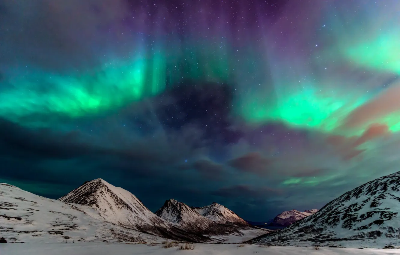 Photo wallpaper winter, the sky, mountains, night, Northern lights, North