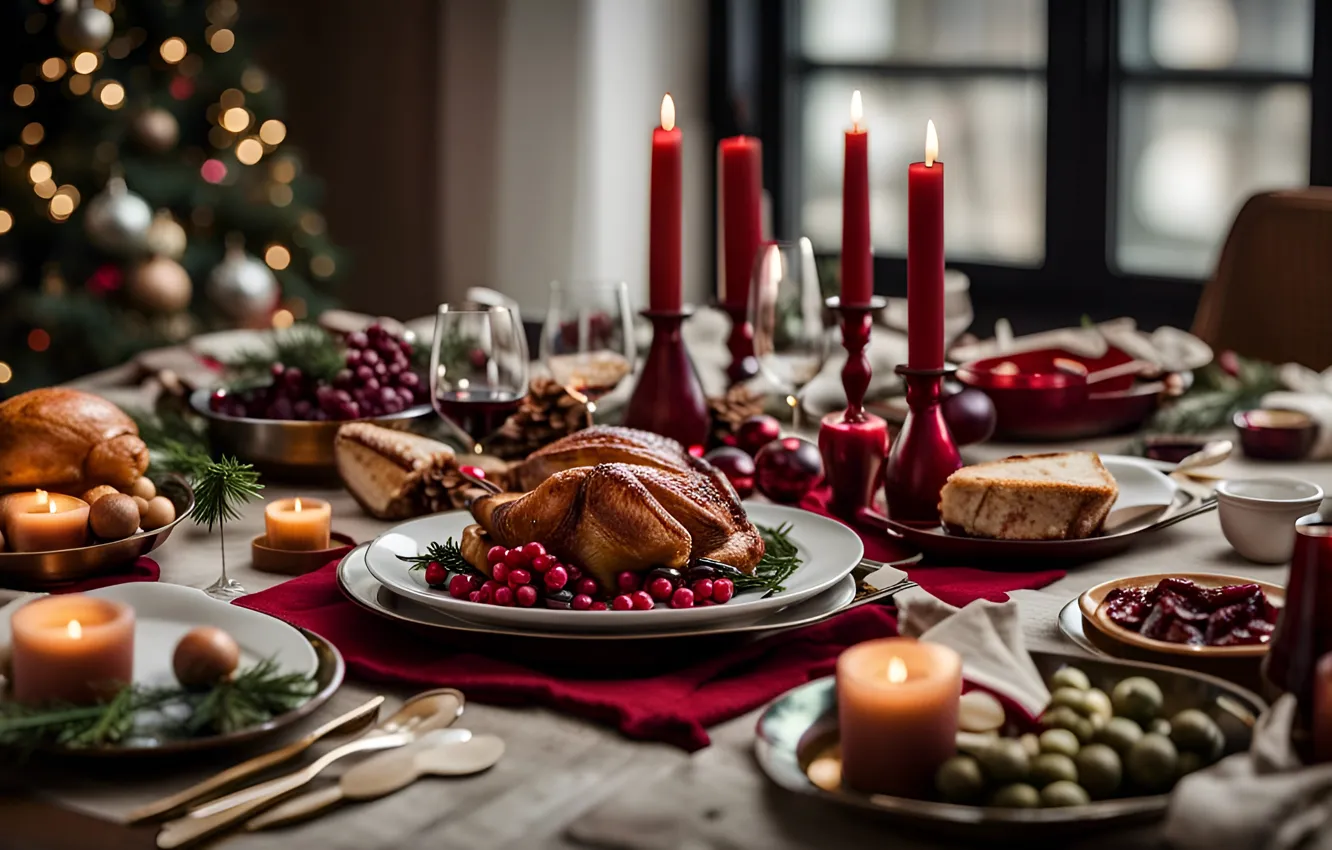 Photo wallpaper table, new year, food, candles, Christmas, dishes, dish, festive table
