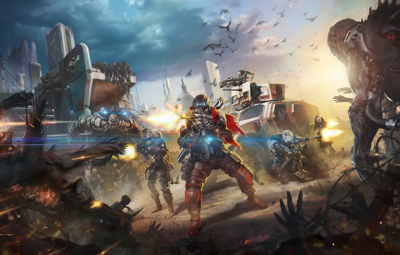 Photo wallpaper the city, lights, fiction, attack, monster, the demon, soldiers, battle