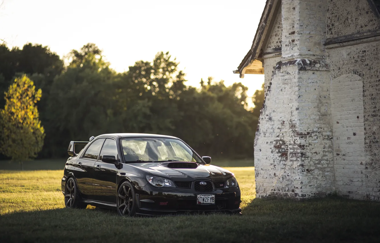 Photo wallpaper field, forest, grass, the sun, trees, house, lights, Subaru