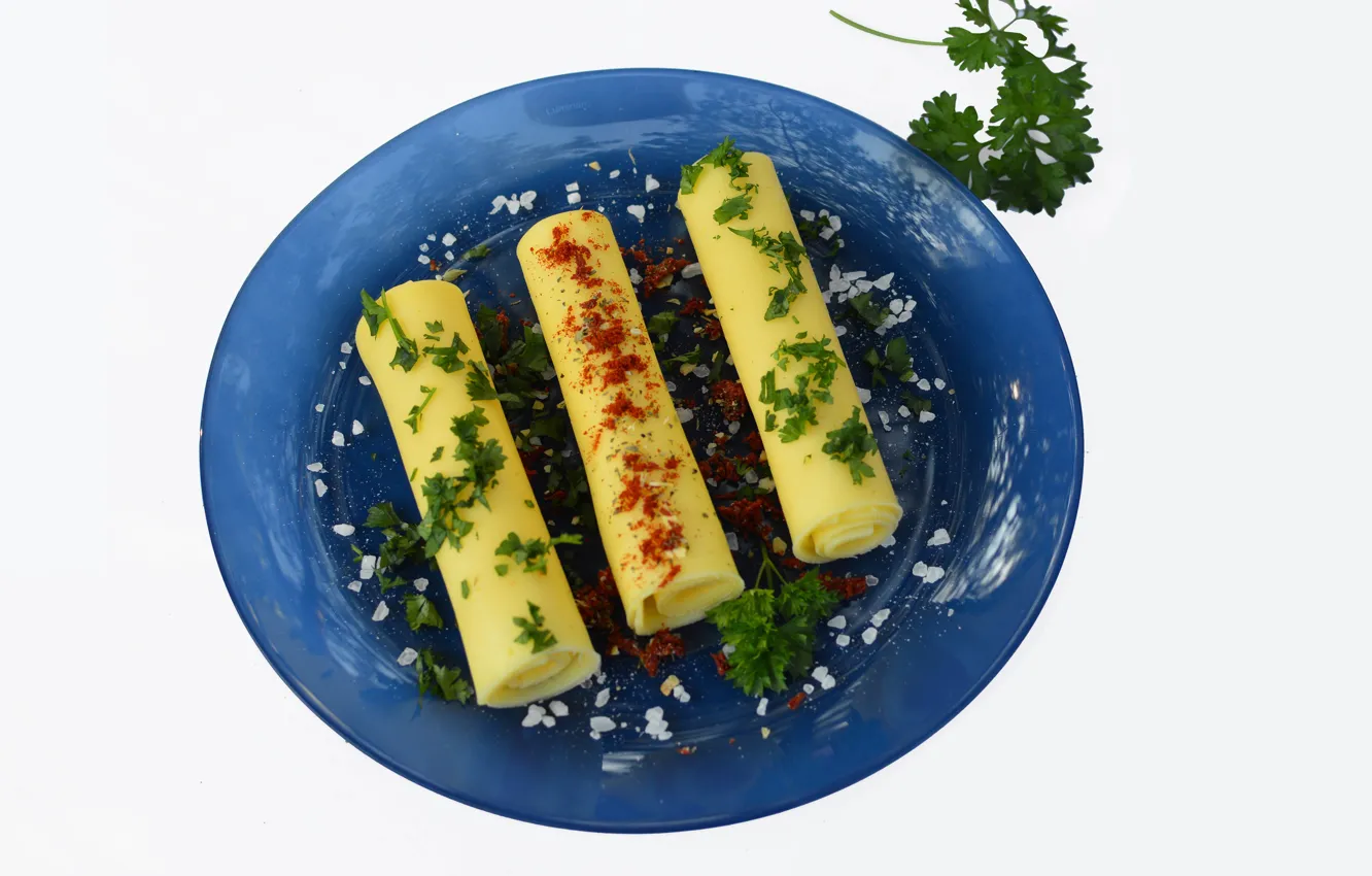 Photo wallpaper greens, cheese, plate, spices