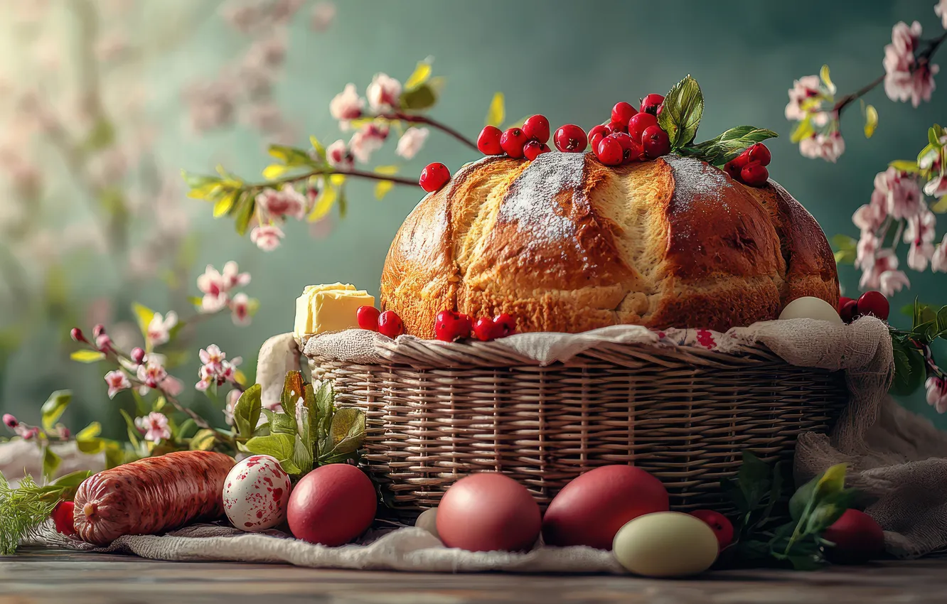 Photo wallpaper flowers, berries, sprig, table, holiday, Board, eggs, towel