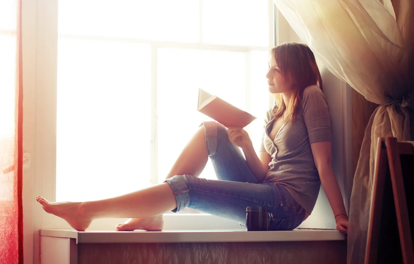 Photo wallpaper girl, window, book, Xenia