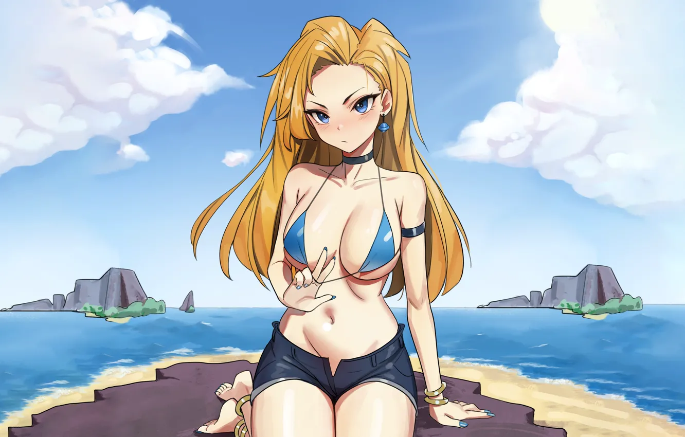 Photo wallpaper girl, sexy, cleavage, beach, shorts, long hair, sea, boobs