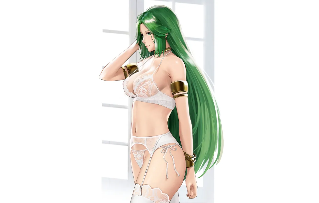 Photo wallpaper girl, sexy, lingerie, bra, cleavage, panties, thighhighs, green eyes