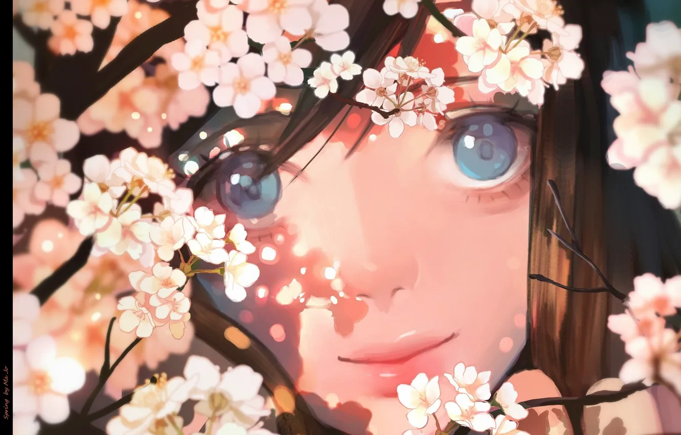 Photo wallpaper look, face, spring, girl, blue eyes, flowering, Sakura, light and shadow