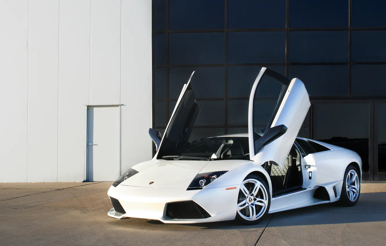 Photo wallpaper Lamborghini, Coupe, murcielago, 2009, lp640, Balloon White, Doors up
