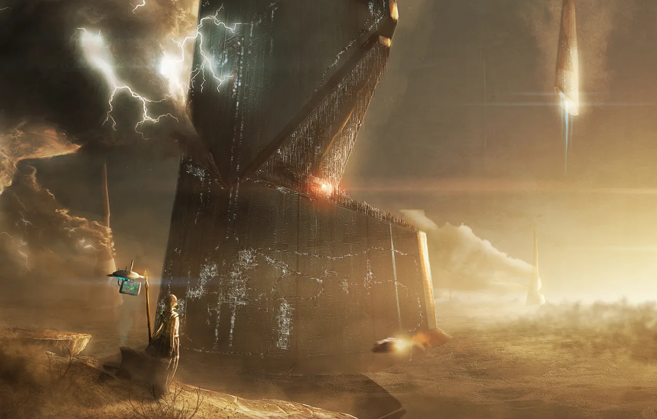 Photo wallpaper clouds, lightning, planet, valley, spaceships, The outcome