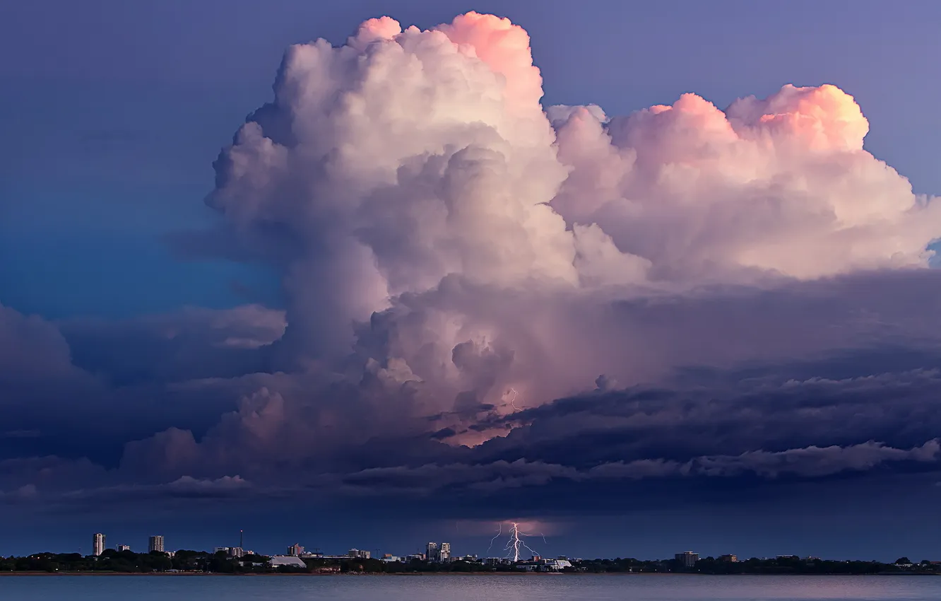 Photo wallpaper clouds, the city, river, lightning