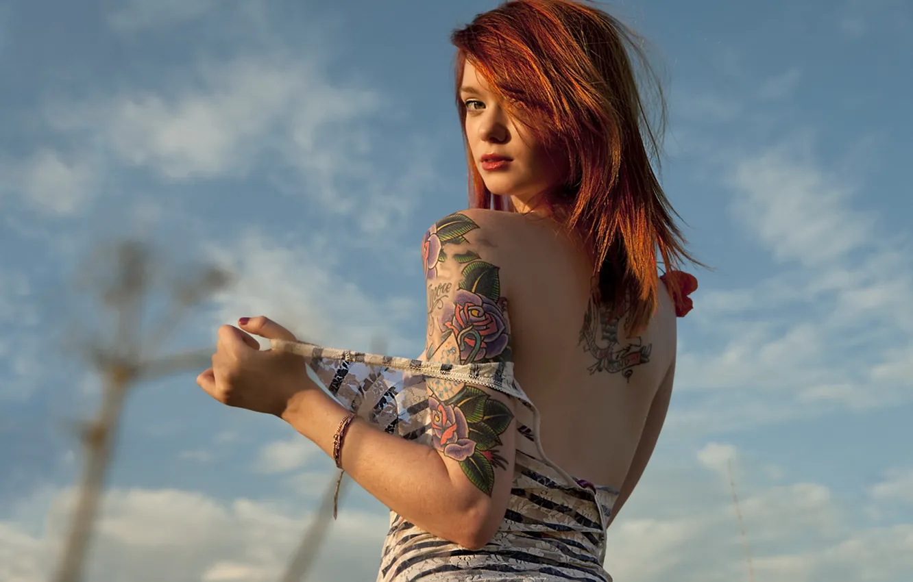 Photo wallpaper red, girl, sexy, eyes, model, tattoo, face, body