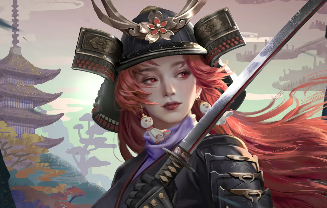 Photo wallpaper face, katana, armor, earrings, Japan, samurai, helmet, pagoda