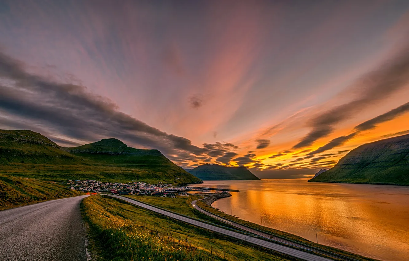 Photo wallpaper road, the sky, sunset, mountains, coast, Denmark, Bay, houses