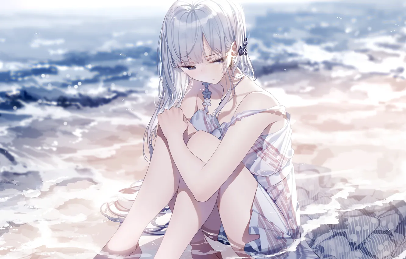 Photo wallpaper sea, girl, sad