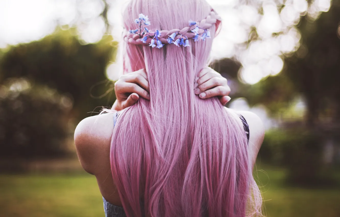 Photo wallpaper girl, flowers, hair, pink