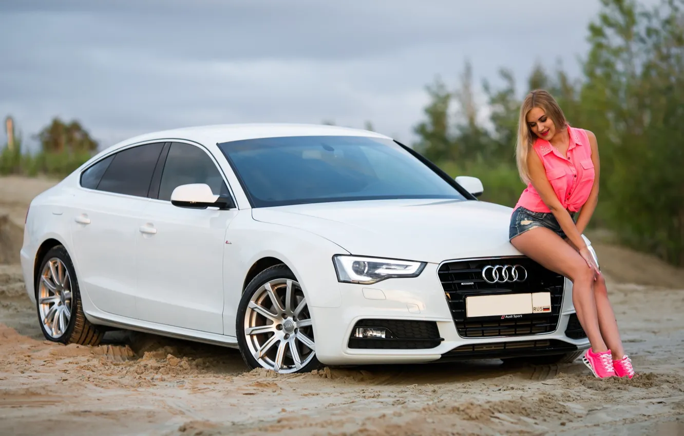 Photo wallpaper Audi, Girls, beautiful girl, white car, posing on the hood