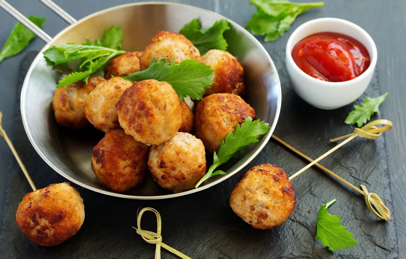 Photo wallpaper greens, food, meat, wood, ketchup, skewers, meat, greens