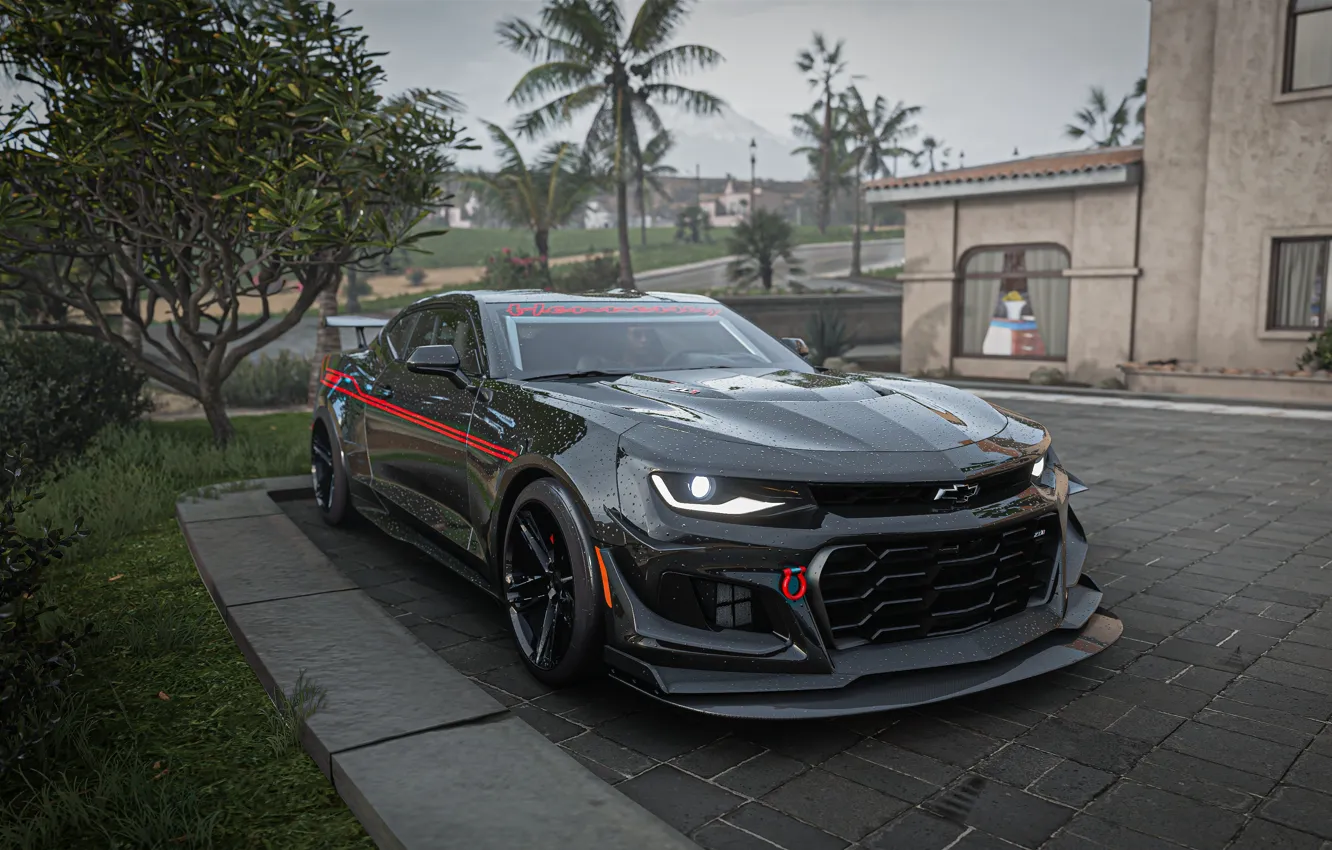 Photo wallpaper palm trees, reflection, Hennessey, race cars, Forza Horizon, CGI, video games, Forza