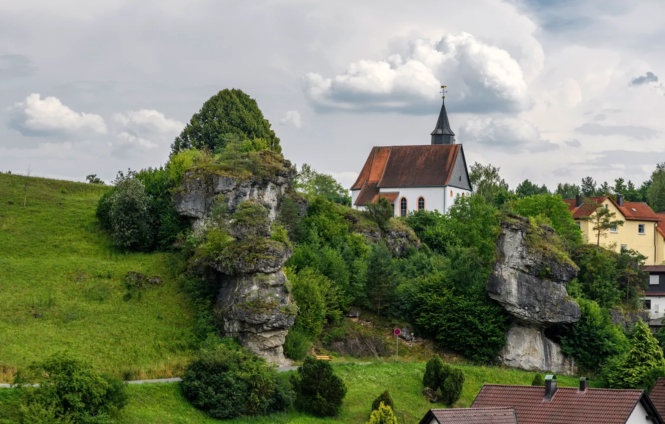 Photo wallpaper greens, the sky, grass, clouds, trees, stones, rocks, home