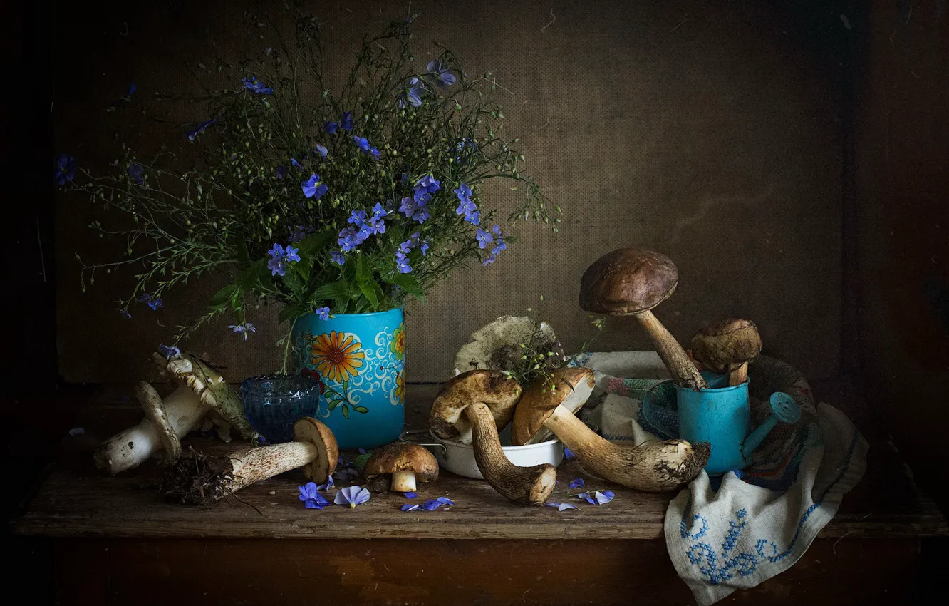 Photo wallpaper flowers, table, blue, mushrooms, towel, vase, lake, still life