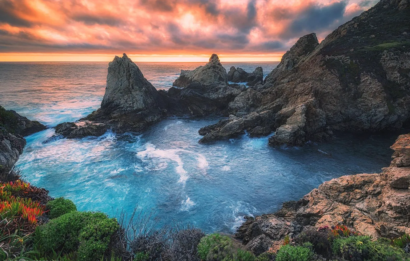 Photo wallpaper landscape, sunset, the ocean, rocks, coast