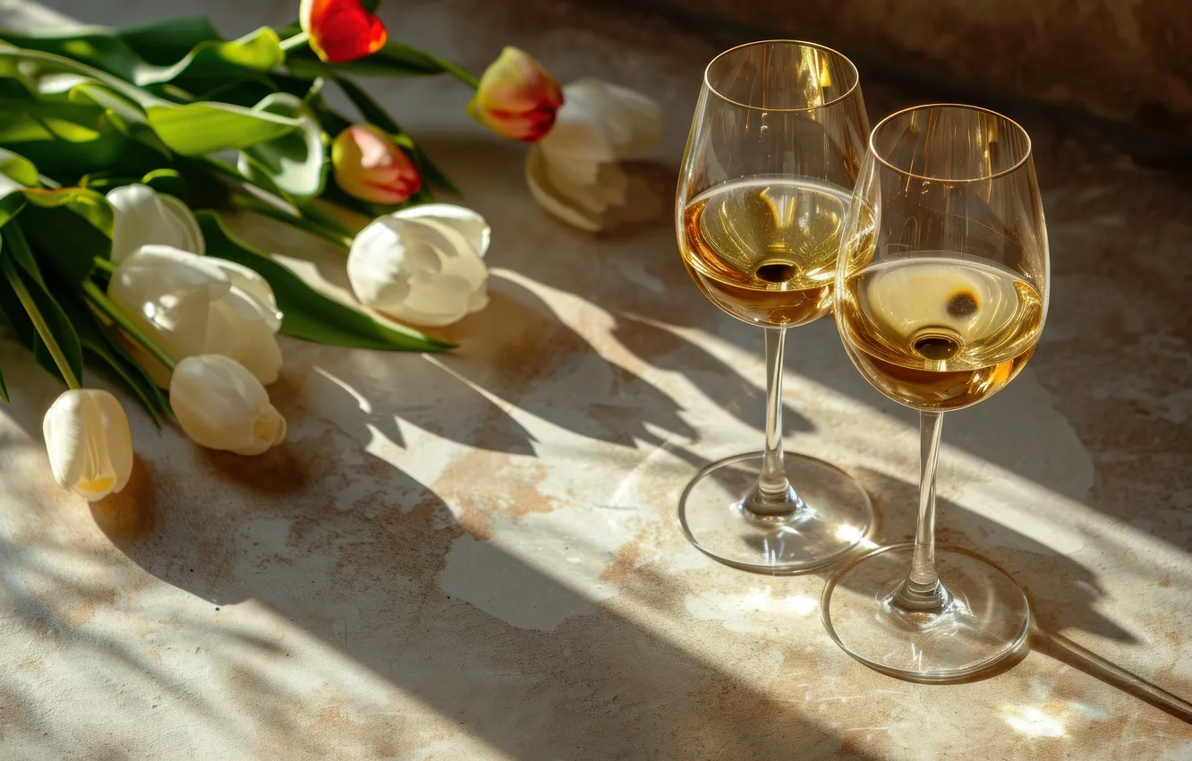 Photo wallpaper light, flowers, holiday, wine, glass, bouquet, tulips, champagne