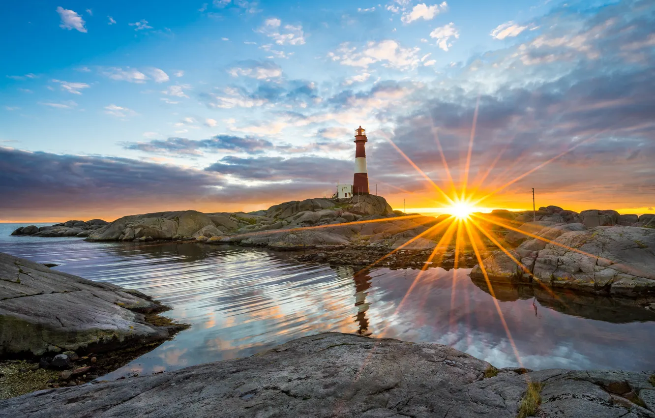 Photo wallpaper sea, sunset, stones, rocks, lighthouse, Norway, Rogaland