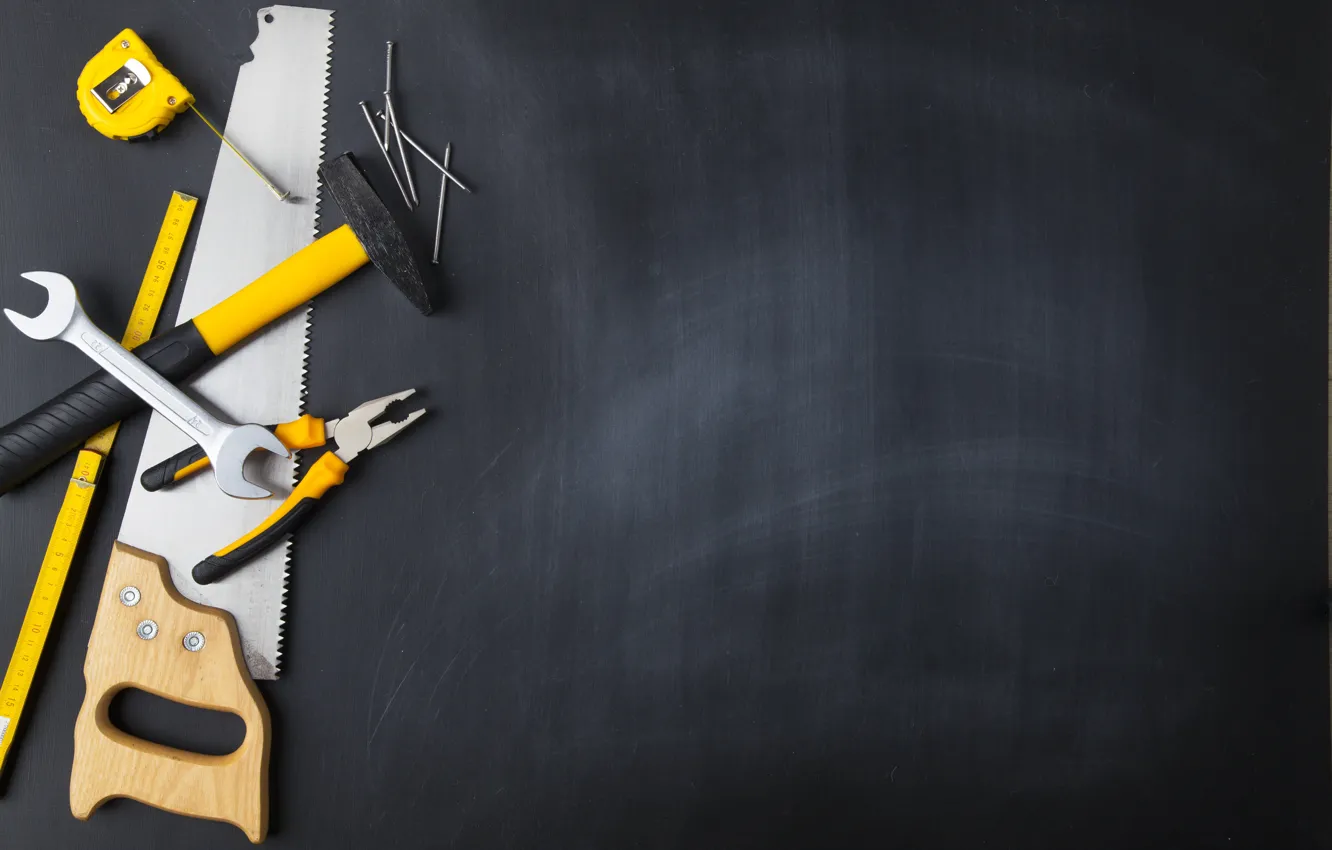 Photo wallpaper Saw, nails, Hammer, Metric Tape