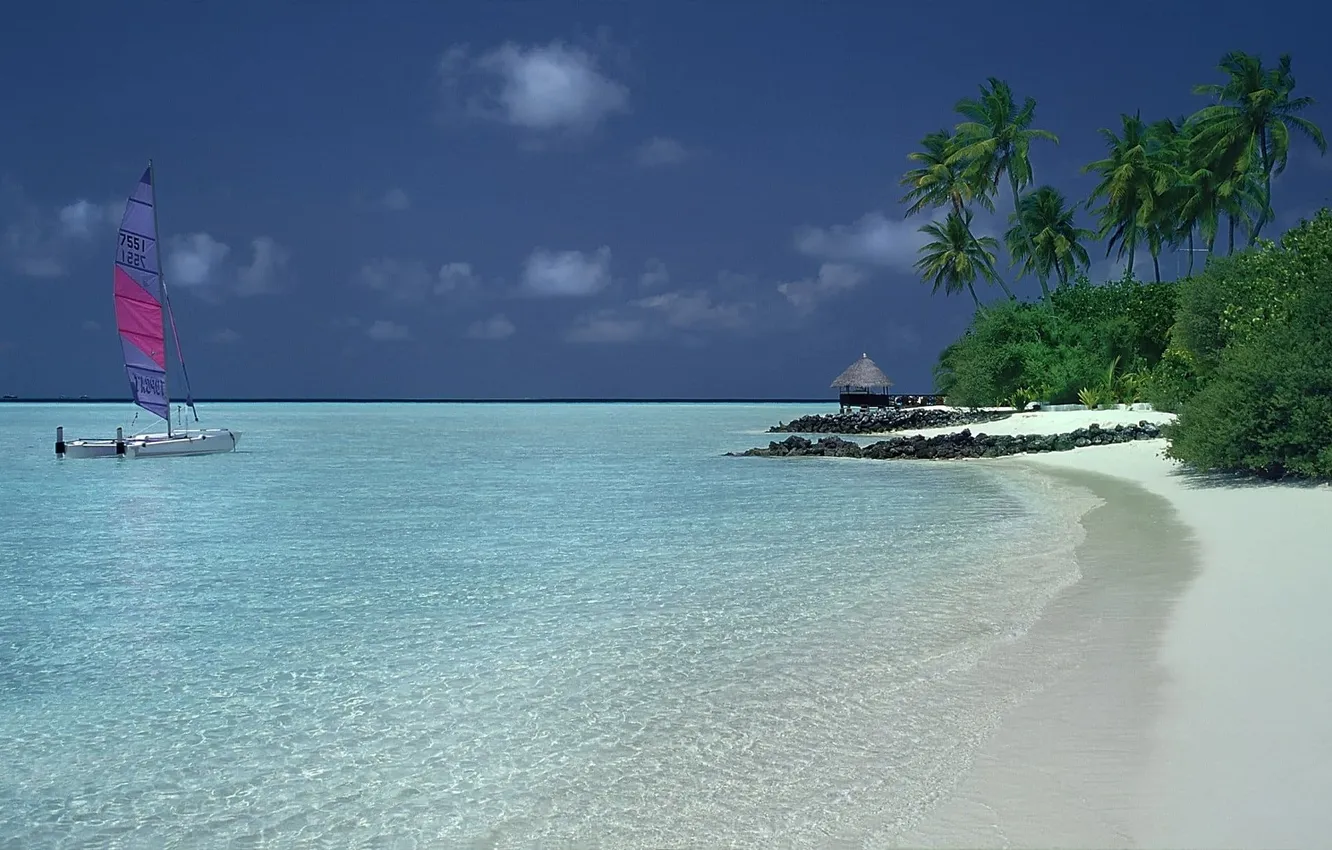Photo wallpaper beach, tropics, palm trees, the ocean, coast, boat, sail, Bungalow