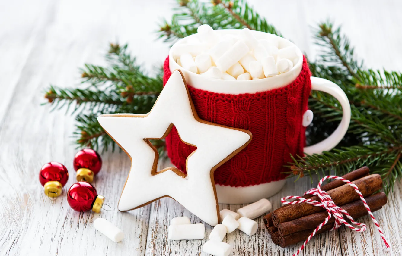 Photo wallpaper decoration, New Year, Christmas, christmas, wood, cup, merry, cocoa, cookies, decoration, gingerbread, gingerbread, fir tree, …