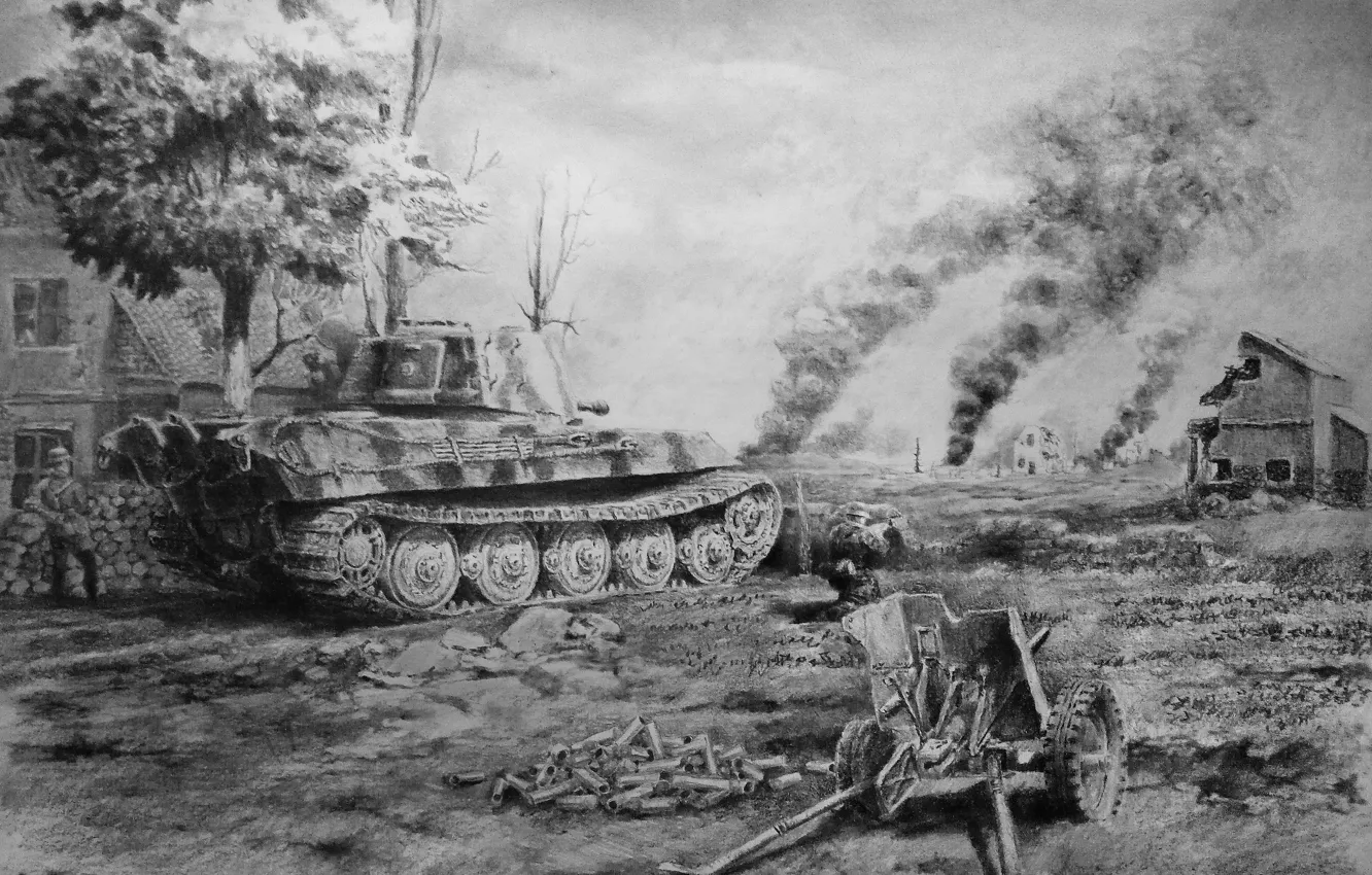 Photo wallpaper war, village, soldiers, tank, pencil, gun, the Germans