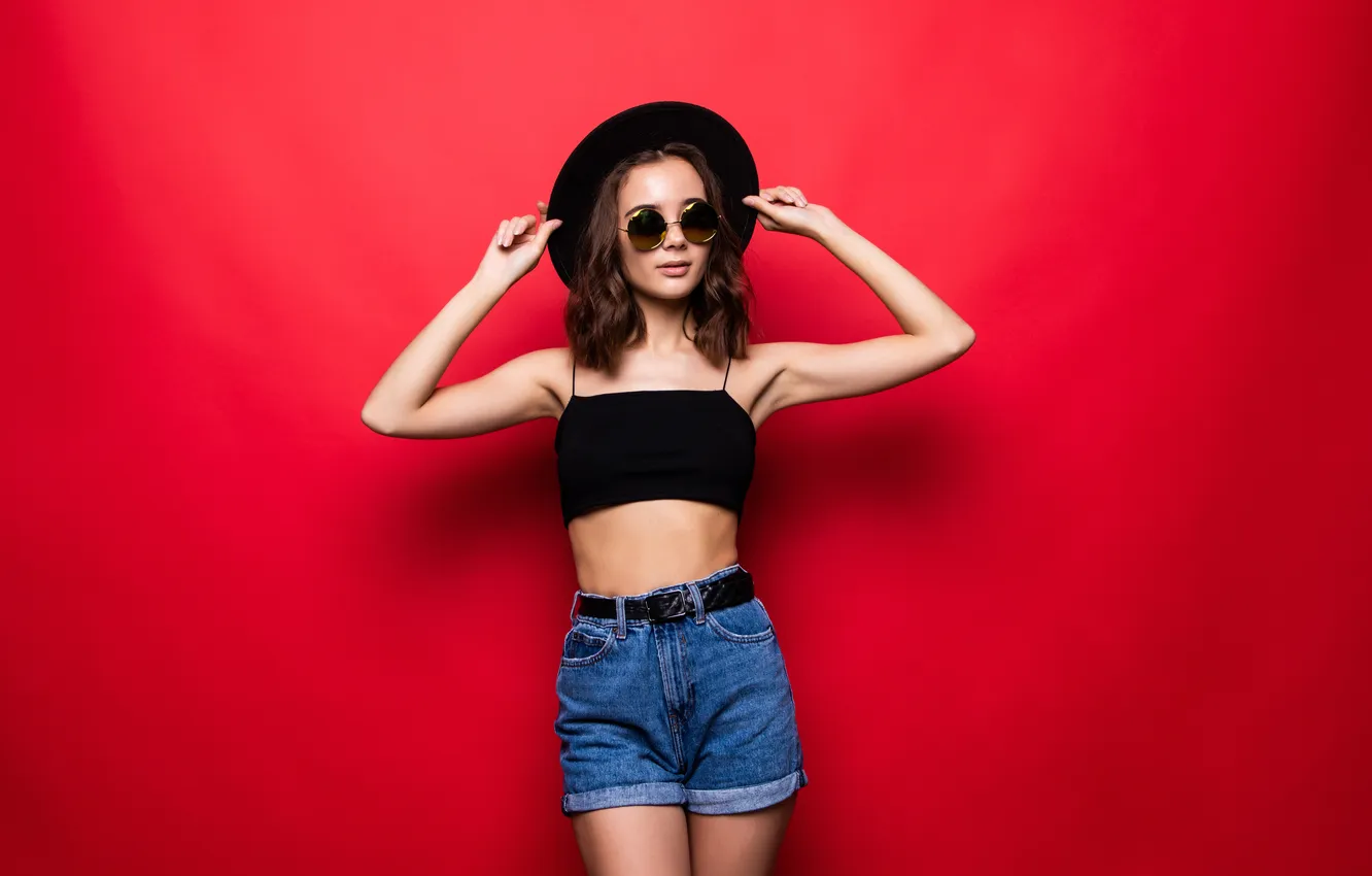Photo wallpaper shorts, hat, woman, young, beautiful, model, brunette, sunglasses