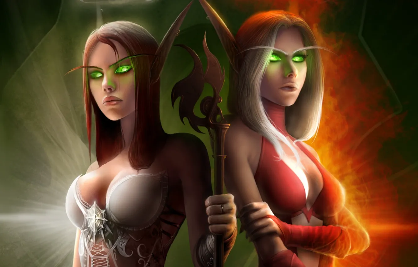 Photo wallpaper light, flame, costume, staff, World of Warcraft, elf, wow, burning eyes