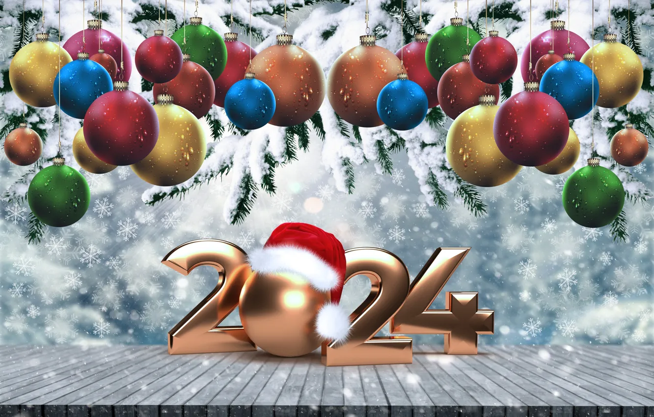 Photo wallpaper winter, snow, snowflakes, gold, balls, new year, figures, golden